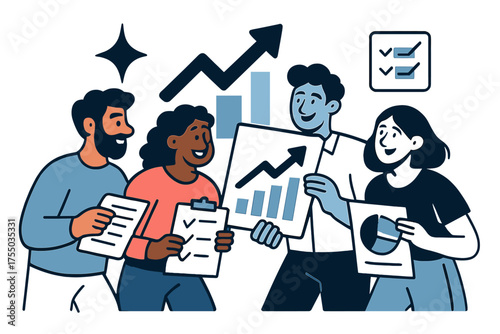 Dynamic Team Evaluation. Post-event review. Glowing team checking charts and notes together, evaluating results. Floating icons of sparkle, arrow,