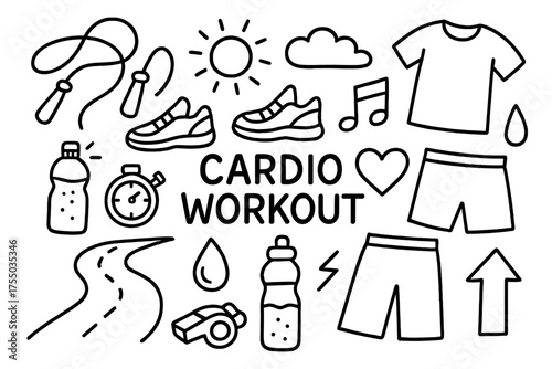 Cardio Icons Collection. Cardio workout. Hand-drawn doodle illustration cardio workout jump rope, sneakers, stopwatch, sweat droplet, heart, arrow, whistle,