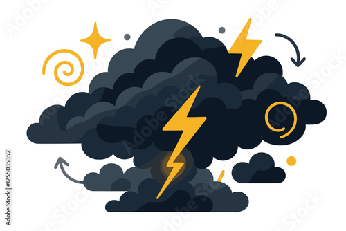Dynamic Stormy Scene. Storm clouds. Dark glowing clouds gathering with lightning flickers behind. Floating icons of swirl, sparkle, and bolt symbolizing power.