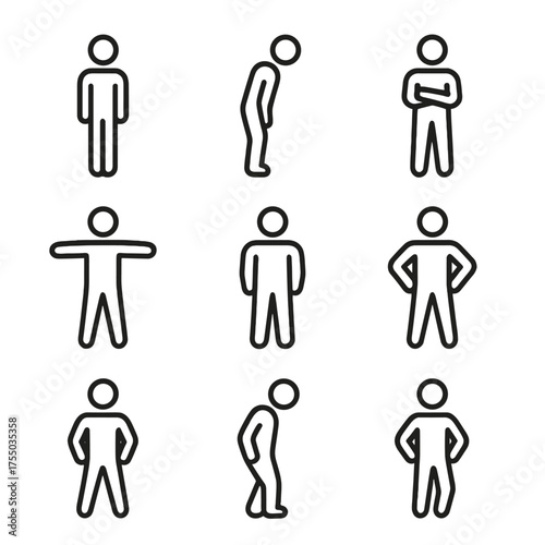 Body Posture Icons. Outline icon set of body posture cues: straight back, leaning forward, crossed arms, open stance, shoulders