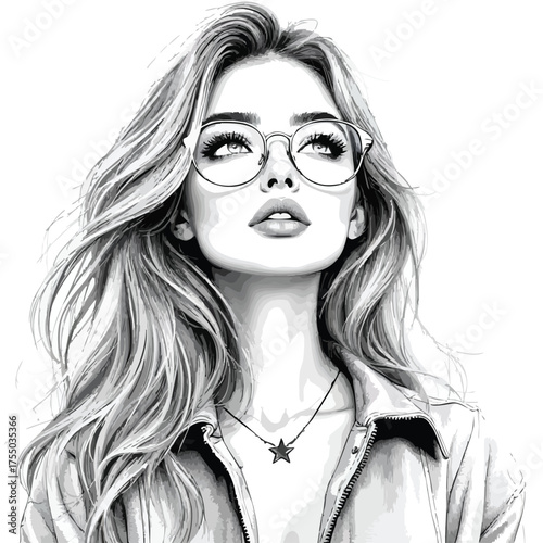 Realistic Portrait Vector — Black and White Illustration of Person with Wavy Hair, Glasses, Collared Shirt, and Star Pendant
