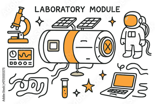Doodle Space Laboratory. Laboratory Module. Hand-drawn doodle illustration microscope (colored), control panel (colored), astronaut (colored), sparkle, star,