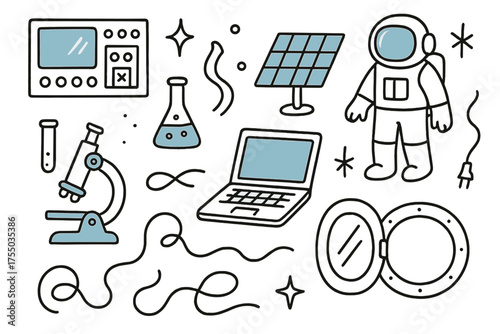 Colorful Science Lab. Science Lab. Hand-drawn doodle illustration control panel (colored), astronaut (colored), microscope (colored), sparkle, star, solar