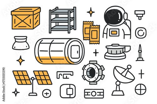 Space Storage Doodle. Storage Module. Hand-drawn doodle illustration supply box (colored), storage rack (colored), astronaut (colored), sparkle, star, hatch,
