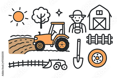 Colorful Farm Doodle. Tractor Work. Hand-drawn doodle illustration tractor (colored), plowed field (colored), barn, fence, sun, sparkle, farmer,