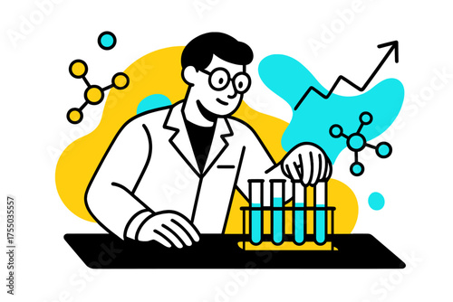 Innovative Lab Illustration. Laboratory work. Scientist adjusting test tubes on a lab bench with floating abstract graphs and molecules, modern lab environment