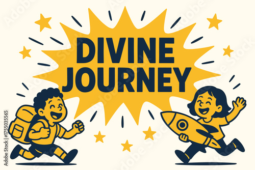 Epic Adventure Banner. Divine Journey banner, flat vector illustration, bold oversized text inside splash explosion, cartoon characters running and laughing,