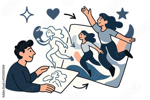 Colorful Creative Flow. Artistic flow. Glowing sketch lines evolving into colorful shapes on page, blending imagination with draft. Floating icons of sparkle,