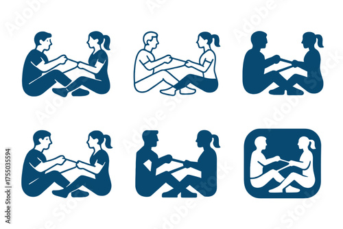 Dynamic Partner Exercise Logos. A couple doing partner exercises, motivating and supporting each other. Set Logo of A couple doing partner exercises,