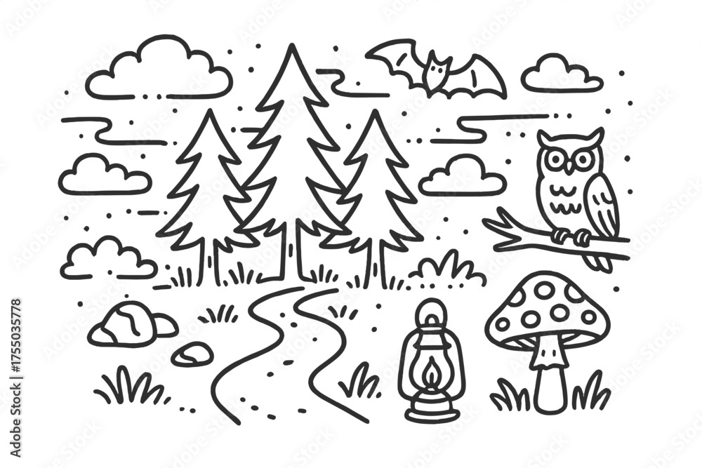 Naklejka premium Foggy Forest Doodle. Foggy Forest. Hand-drawn doodle illustration Foggy Forest tree mist cloud path rock owl bat mushroom lantern. Simple cartoon-style black
