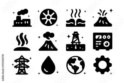 Geothermal Station Icons. Geothermal stations. Solid icons set of Geothermal stations: power plant, turbine, geothermal pipe, hot spring, steam, volcano,