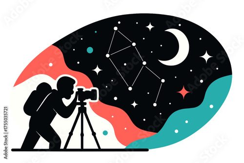 Stargazer's Abstract Vision. Night Sky Panorama. Photographer with camera on tripod capturing wide abstract sky, floating stars, moon, and geometric