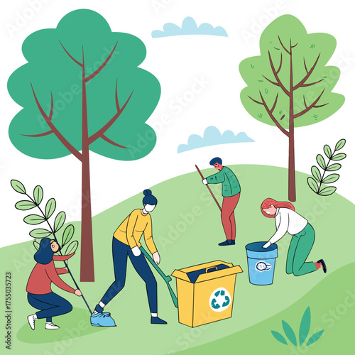 Volunteers Recycling in Nature, Outdoor Activity, Eco-Friendly Environment, Positive Impact
