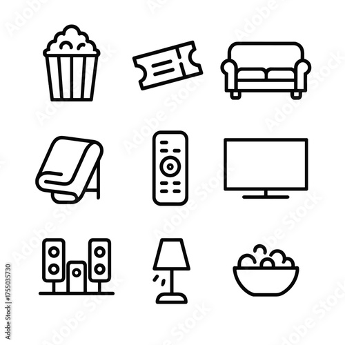 Home Theater Icons. Outline icon set of home theater essentials: popcorn bucket, ticket stub, couch, throw blanket, remote control
