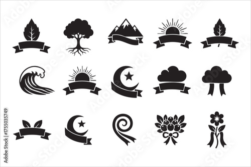 Collection of decorative islamic and nature inspired emblems and ribbons
