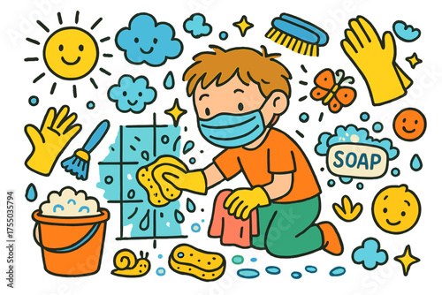 Cheerful Bathroom Cleaning. Bathroom Upkeep. Colorful Hand-drawn doodle Children illustration child cleaning, tiles, grout, sponge, bucket, brush, water,