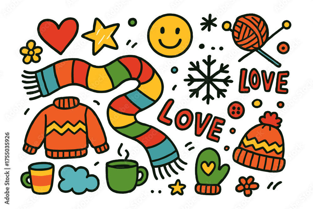 Fototapeta premium Colorful Scarf Doodles. Scarf Love. Colorful Hand-drawn doodle Children illustration scarf, heart, star, smiley face, snowflake, flower, yarn ball, knitting