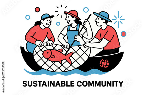 Sustainable Fisher Community. Sustainable Community. A glowing group of fishers working together, abstract spark and circle icons symbolizing collaboration.