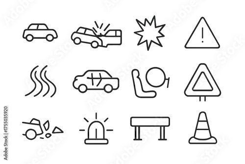 Road Accident Icons. Road accident. Line icon set of Road accident: two cars, car crash, broken glass, impact explosion, skid marks, crumpled vehicle, airbag,