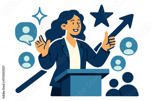 Empowered Female Leadership. Women in leadership. Glowing woman standing at podium with confident gestures as audience icons float around. Floating icons of