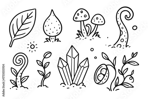 Alien Plant Life. Extraterrestrial Vegetation. Hand-drawn doodle illustration Extraterrestrial Vegetation alien leaf bulb tentacle spiral crystal pod vine