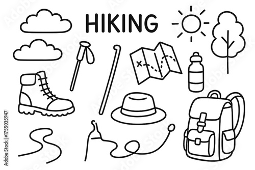 Hiking Essentials Doodle. Hiking. Hand-drawn doodle illustration Hiking trail boots backpack walking stick map water bottle hat sun clouds tree. Simple
