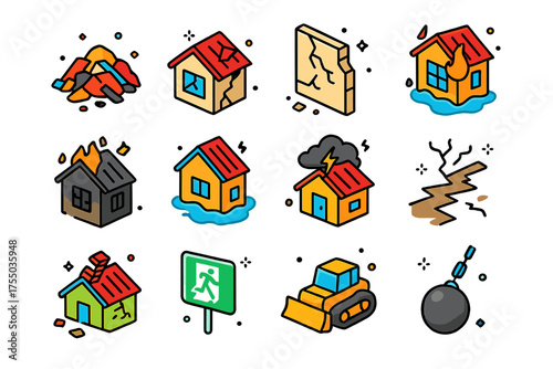 Colorful House Ruins. House Ruins. Colorful isometric vector icons set of house ruins: debris pile, collapsed roof, cracked wall, broken window, burnt house,