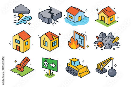Isometric Disaster Icons. Natural Disaster Damage. Colorful isometric vector icons set of natural disaster damage: storm damage, earthquake cracks, flooded