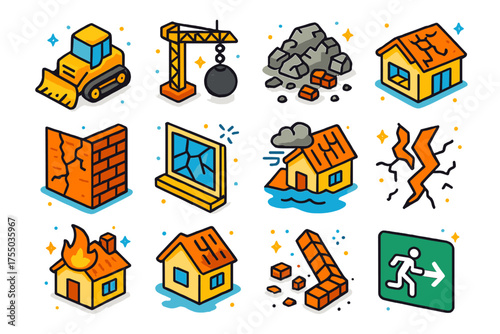 Urban Demolition Icons. Urban Demolition. Colorful isometric vector icons set of urban demolition: bulldozer, wrecking ball, debris pile, collapsed roof,