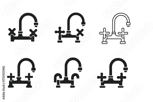 Aerator Tap Logos. Tap with aerator. Set Logo of Tap with aerator: wall-mounted bridge faucet. harmonious logo variations of the same emblematic concept, each