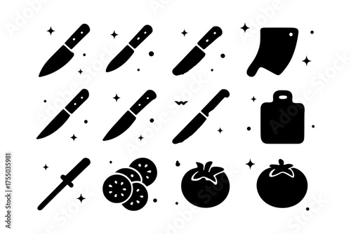 Kitchen Knife Icons. Kitchen knife. Solid icons set of Kitchen knife: chef?s knife, paring knife, serrated knife, cleaver, carving knife, fillet knife, utility