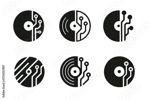 Tech-Music Fusion Logos. The impact of technology on music. Set Logo of The impact of technology on music: vinyl record merging with circuit board. harmonious