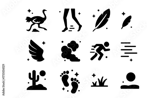 Running Icons Collection. Running & Movement. Solid icons set of Running & Movement: ostrich running, long legs, feathers, wings, dust cloud, sprinting, head