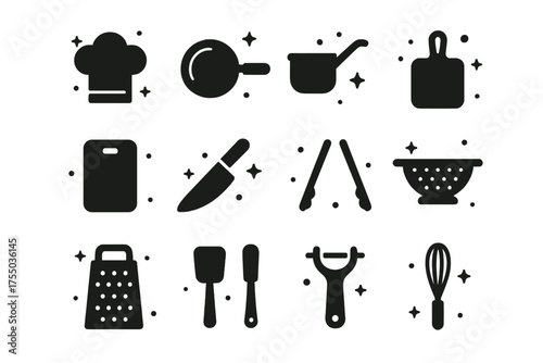 Cooking Tools Icons. Cooking Tools. Solid icons set of Cooking Tools: chef hat, frying pan, saucepan, ladle, cutting board, knife, tongs, colander, grater,
