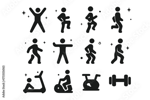 Aerobic Exercise Icons. Aerobic Exercises. Solid icons set of Aerobic Exercises: jumping jacks, high knees, butt kicks, mountain climbers, burpees, side steps,
