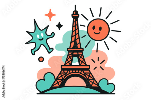 Eiffel Tower Sunrise. Sunrise View. A glowing Eiffel Tower at dawn with glowing rays, abstract floating spark and sun icons symbolizing renewal. Modern