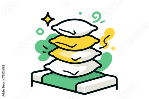 Glowing Pillow Cascade. Pillow Stack. A glowing pile of fluffy pillows on a bed, abstract floating spark and swirl shapes symbolizing softness.