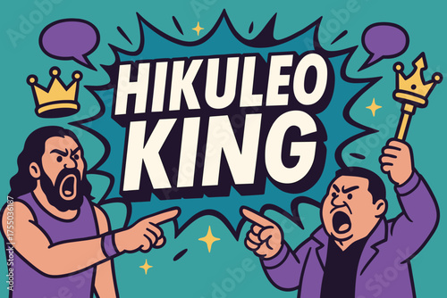 Hikuleo King Banner. Hikuleo King banner, flat vector illustration, bold oversized text inside splash explosion, cartoon characters shouting and pointing,