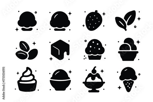 Ice Cream Icons. Ice Cream Flavors. Solid icons set of Ice Cream Flavors: vanilla scoop, chocolate scoop, strawberry scoop, mint, pistachio, caramel, cookies