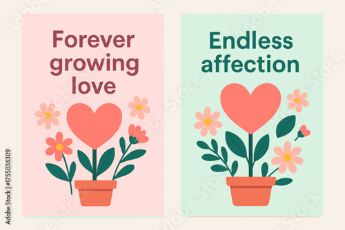 Blooming Hearts Banners. Forever growing love. Two vertical A6 banners with safe margins, centered composition, no elements touching edges, flat vector design,