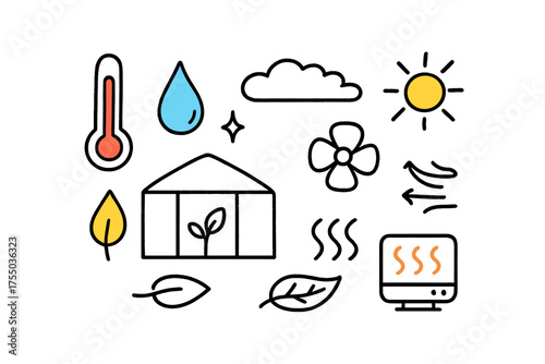 Greenhouse Climate Icons. Greenhouse Climate. Hand-drawn doodle illustration thermometer (colored), droplet (colored), fan, sun (colored), cloud, greenhouse
