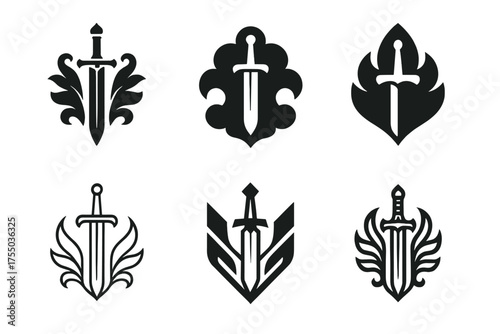 Magical Sword Logos. Fictional world. Set Logo of Fantasy realm: magical sword. harmonious logo variations of the same emblematic concept, each with different