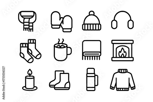 Winter Cozy Icons. Winter cozy accessories. Line icon set of Winter cozy accessories: scarf, mittens, wool hat, earmuffs, socks, hot chocolate, blanket,