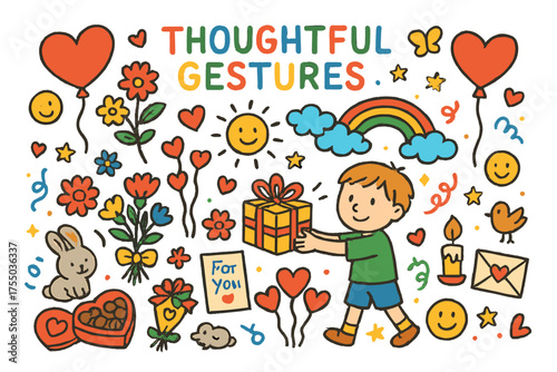 Joyful Children's Gift Exchange. Thoughtful Gestures. Colorful Hand-drawn doodle Children illustration child giving gift, heart-shaped balloons, flowers,