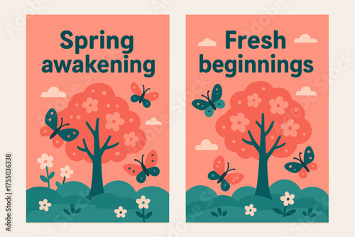 Blooming Trees & Butterflies. Spring awakening. Two vertical A6 banners with safe margins, centered composition, no elements touching edges, cartoon, coral and