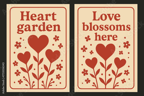 Heart Garden Art. Heart garden. Two vertical A6 banners with safe margins, centered composition, no elements touching edges, retro, red and beige, blooming