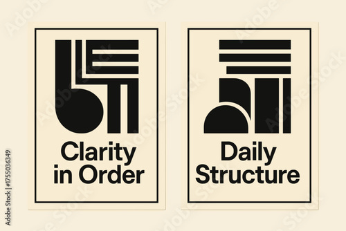 Bauhaus Wisdom Banners. Wisdom. Two vertical A6 banners with safe margins, centered composition, no elements touching edges, bauhaus style, black and cream,