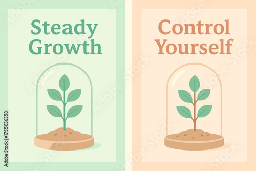 Steady Growth Banners. Growth. Two vertical A6 banners with safe margins, centered composition, no elements touching edges, pastel style, mint and peach, plant