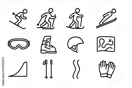 Ski Icons Set. Skiing activities. Line icon set of Skiing activities: downhill skier, cross-country skier, snowboarding, ski jump, ski goggles, ski boots, ski