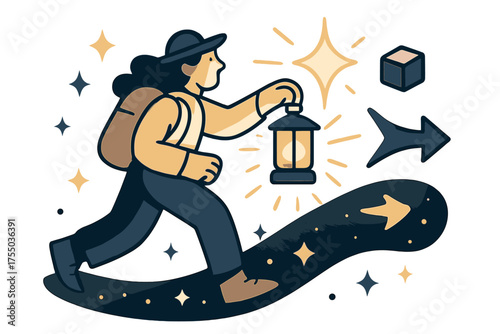 Cosmic Path Lantern. Guiding light. Glowing lantern held by a traveler on a cosmic path, illuminating stars around. Floating icons of sparkle, arrow, and cube